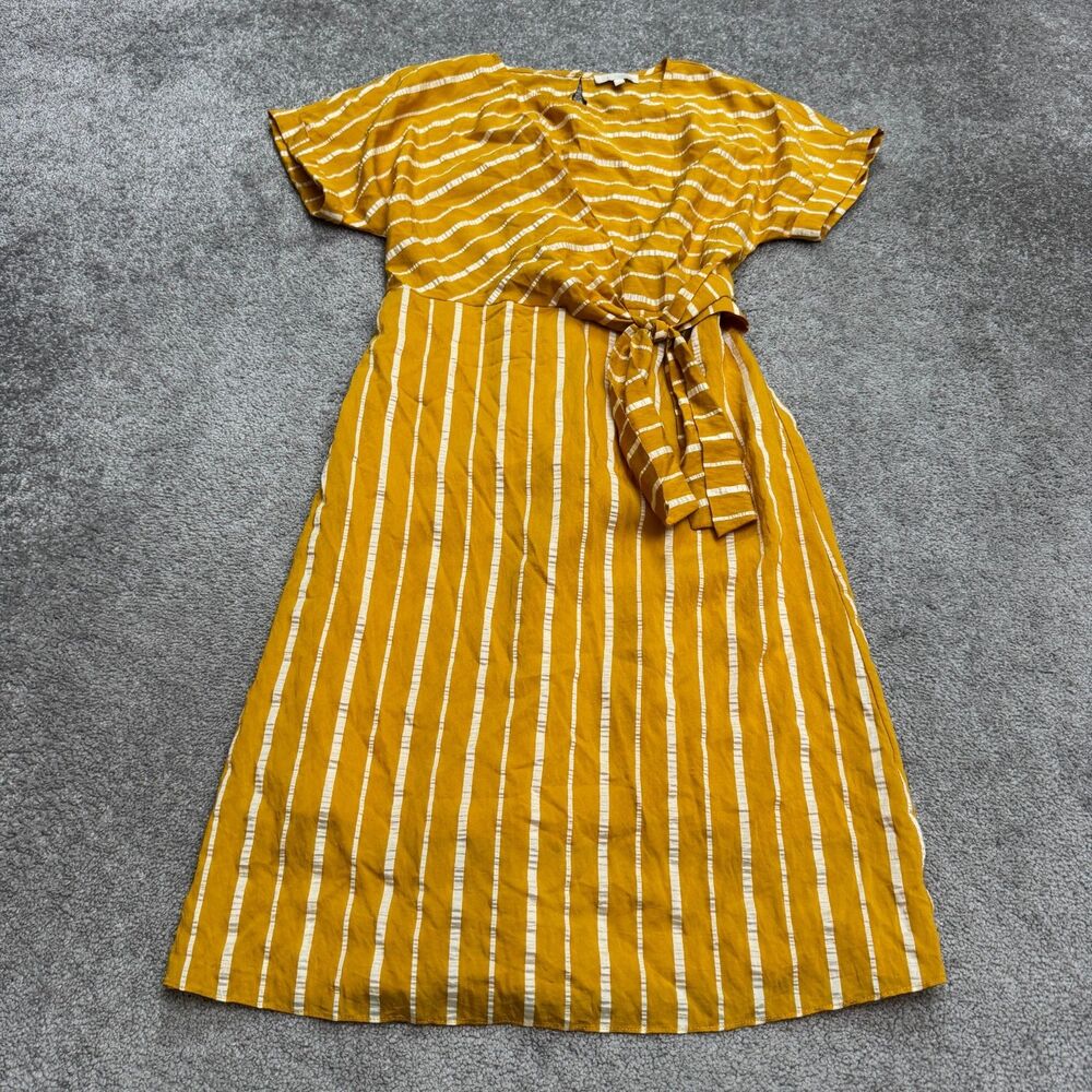 &. Layered Tie Waist Midi Dress Womens Small Yellow White Striped Short Sleeve
